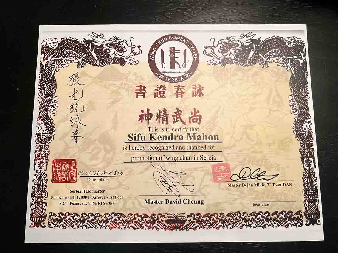 David Cheung Recognition Certification to Kung Fu Kendra
